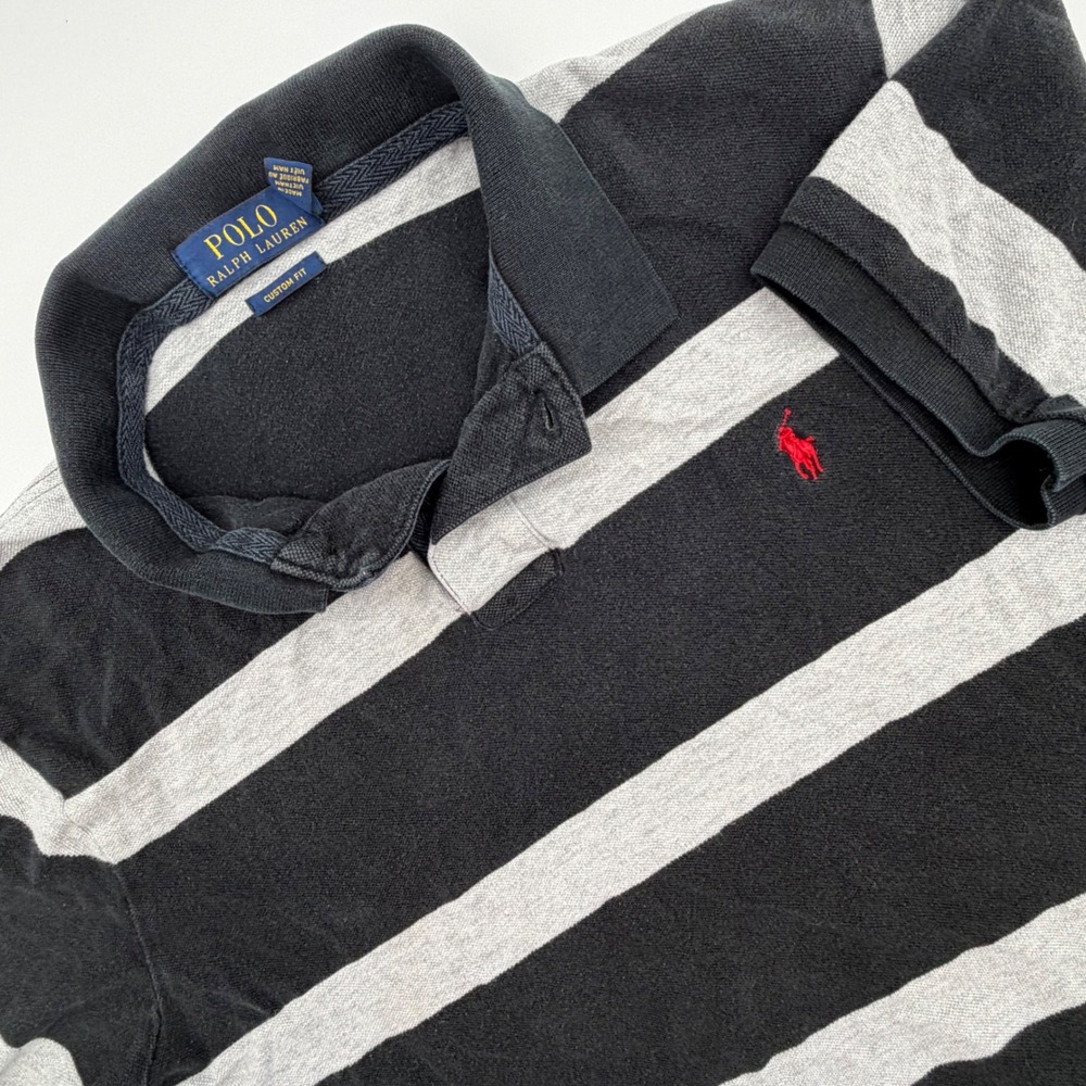 Polo Ralph Lauren Mens XXL Custom Fit Striped‎ Polo Shirt Black Grey Rugby Pony